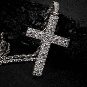 White Gold Plated Mens Iced Cz Pointer Fashion Silver Cross Pendant Necklace